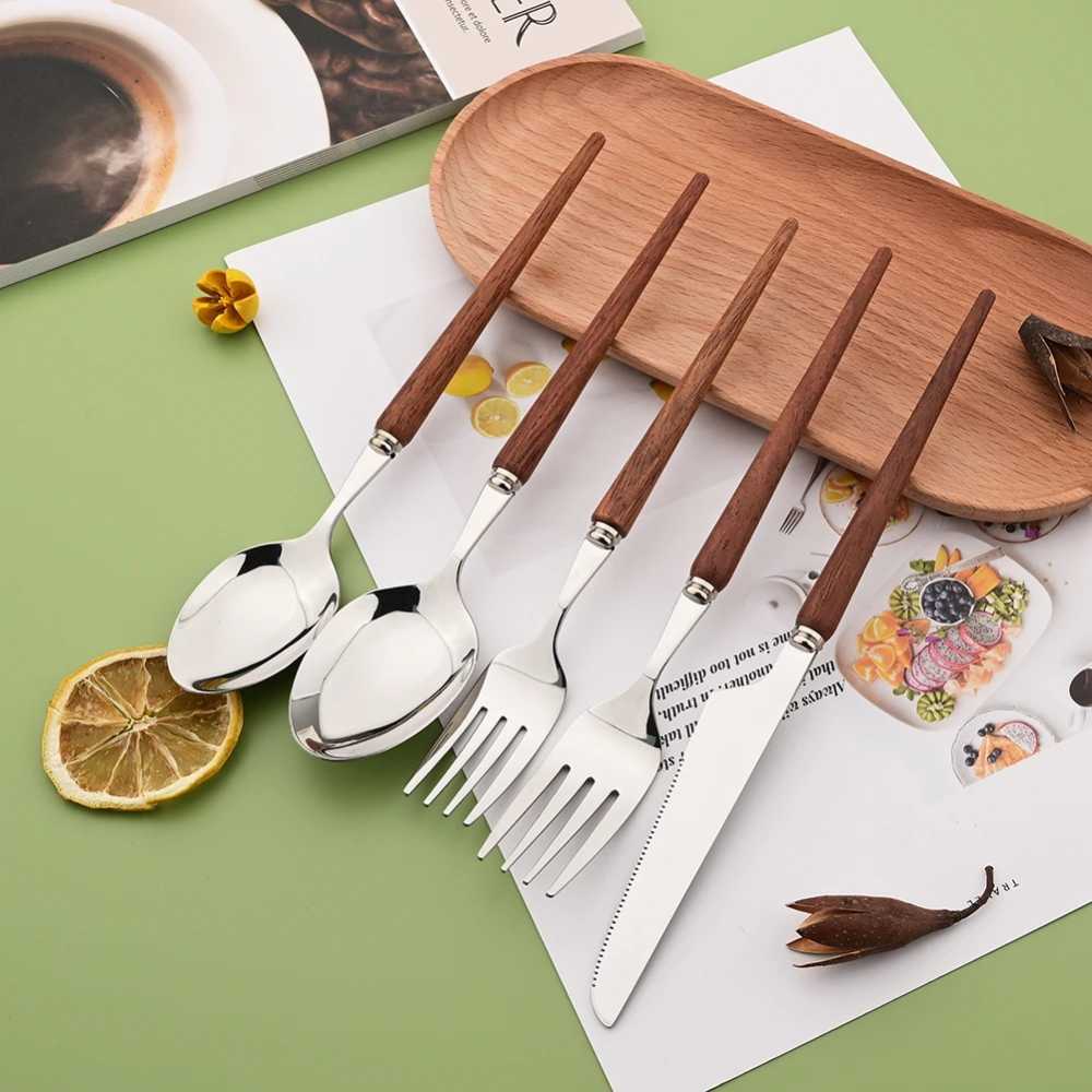 6/30Pcs Stainless Steel Wooden Handle Flatware Cutlery Set Dinnerware Western Home Tableware Knife Fork Dessert Spoon Silverware - AliExpress 15