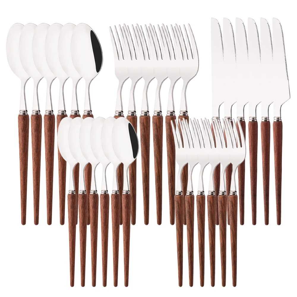 6/30Pcs Stainless Steel Wooden Handle Flatware Cutlery Set Dinnerware Western Home Tableware Knife Fork Dessert Spoon Silverware - AliExpress 15