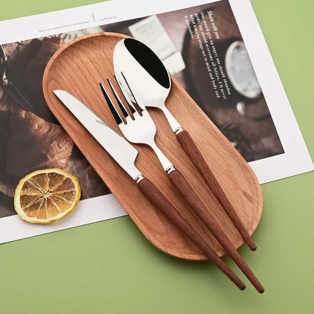 6/30Pcs Stainless Steel Wooden Handle Flatware Cutlery Set Dinnerware Western Home Tableware Knife Fork Dessert Spoon Silverware - AliExpress 15