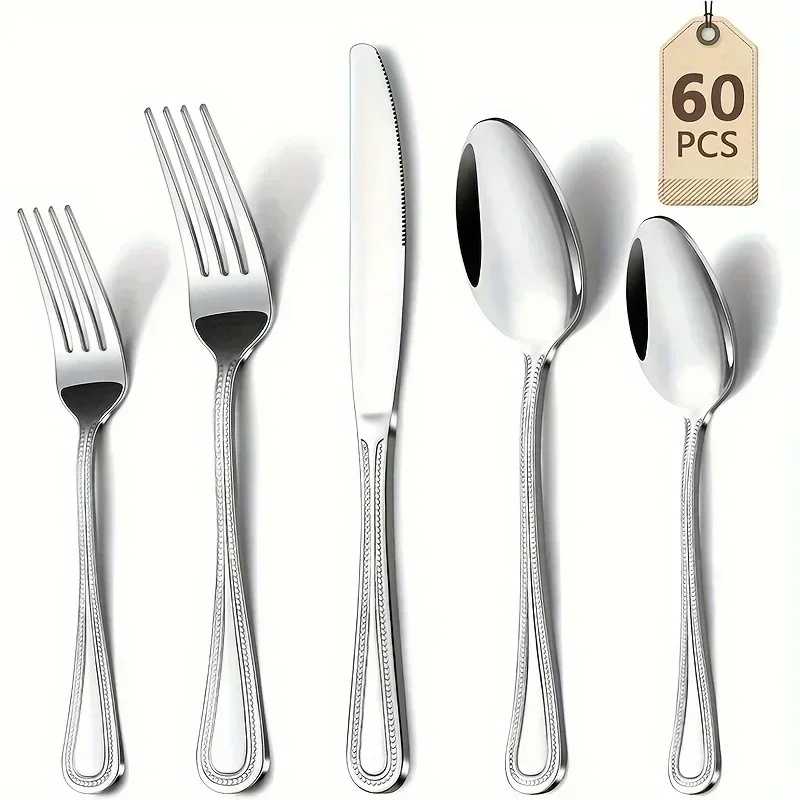 60 Piece Stainless Steel Cutlery Set Elegant Bead Patterned Edges Comfortable Handle For Wedding Dinner Hotel - AliExpress 15